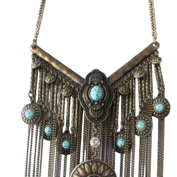 Boho Statement Necklace Antique Brass Finish Turquoise look stone inset New with - Picture 3 of 8